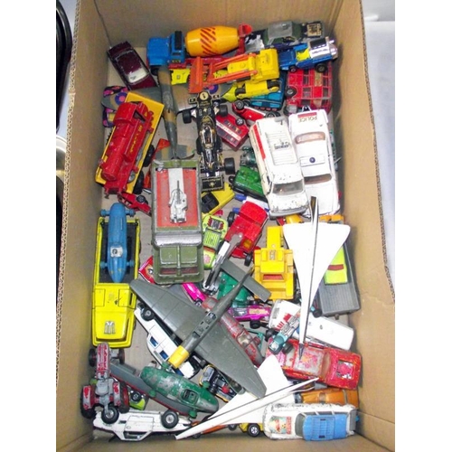 199 - A large box of play worn diecast including Dinky, Corgi, Matchbox etc