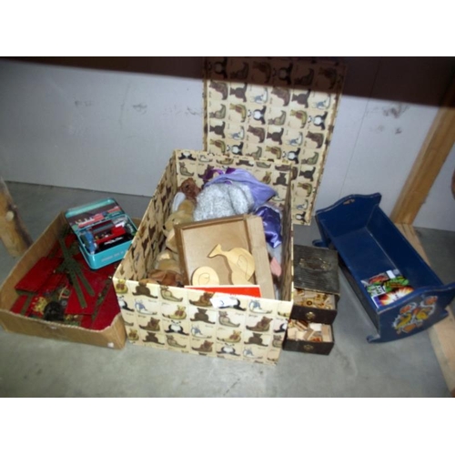 3 - A box of vintage Meccano, wooden dolls crib, quantity of soft toys etc