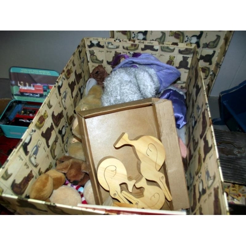 3 - A box of vintage Meccano, wooden dolls crib, quantity of soft toys etc