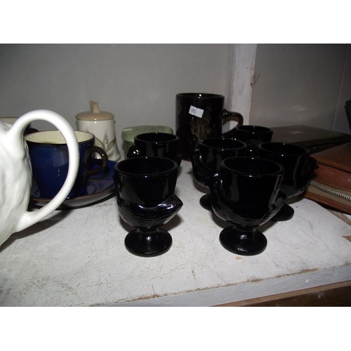 86 - Quantity of pottery including Sylvac tea caddy etc plus set of 6 black glass egg cups