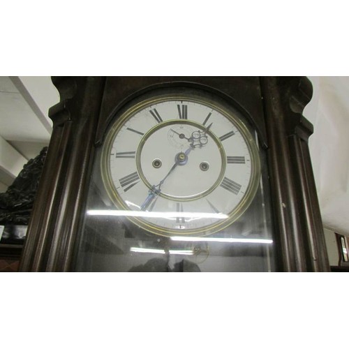 1466 - A double weight mahogany Vienna wall clock.  COLLECT ONLY.