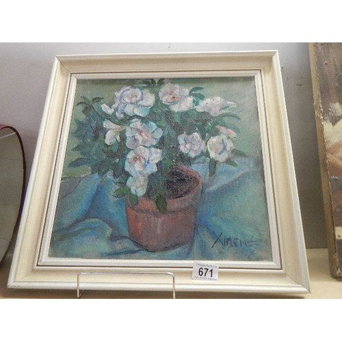 671 - A framed oil painting of roses signed Ximeny? COLLECT ONLY.