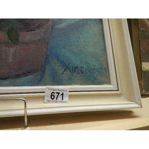 671 - A framed oil painting of roses signed Ximeny? COLLECT ONLY.