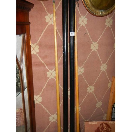 677 - Two snooker cue's with cases, COLLECT ONLY.