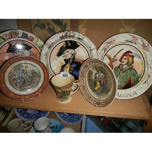 685 - Five series ware plates including Adam's and Doulton and a series ware cup.