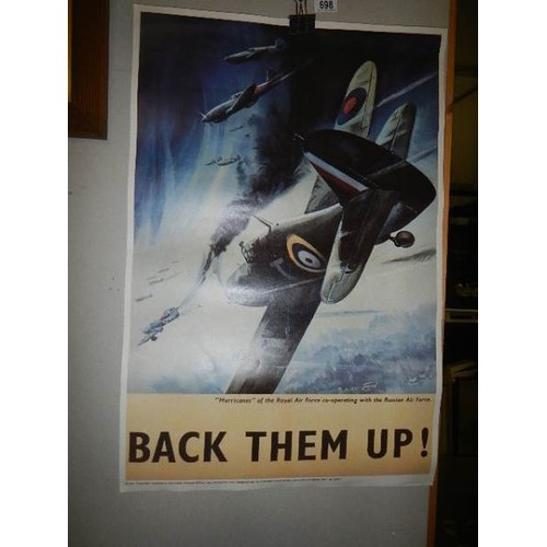 698 - A replica 'Back Them UP' Hurrican poster and other replica war related posters.