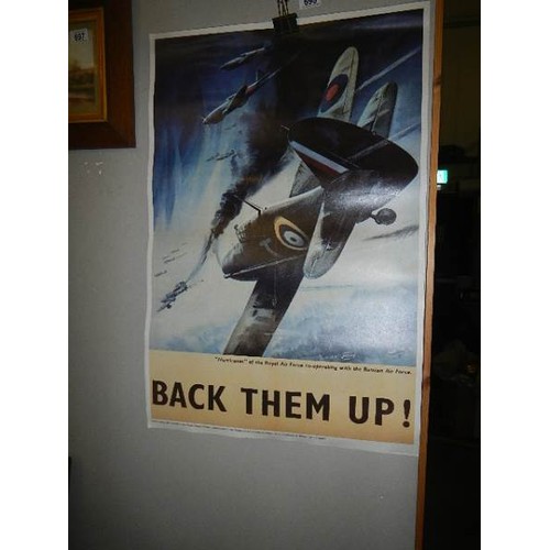 698 - A replica 'Back Them UP' Hurrican poster and other replica war related posters.