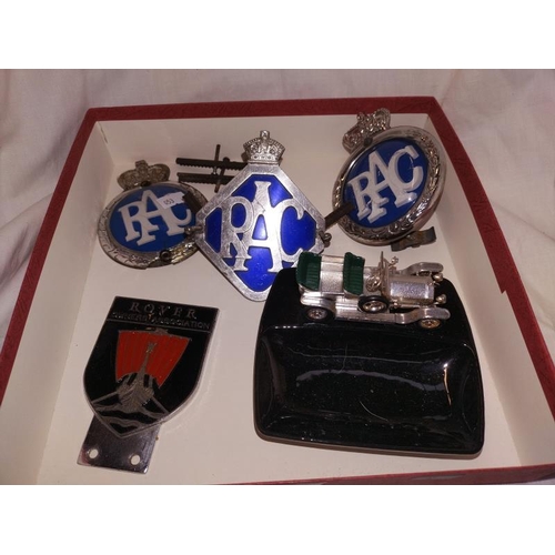 236 - 3 RAC and Rover owners car badges and Lesney Rolls Royce ashtray