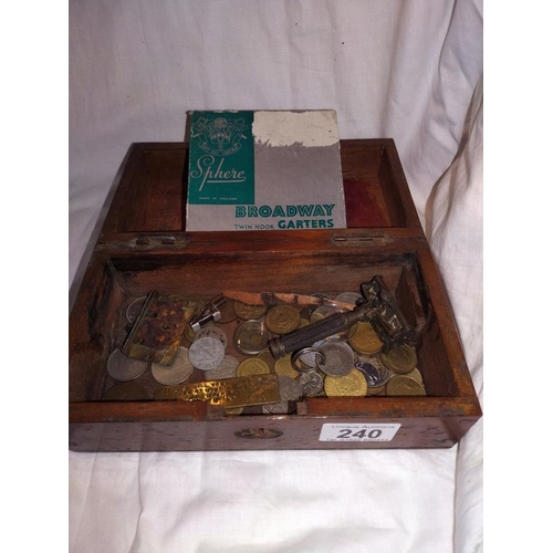 240 - An old wooden box of old mainly foreign coins