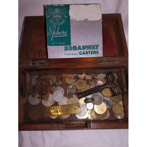 240 - An old wooden box of old mainly foreign coins