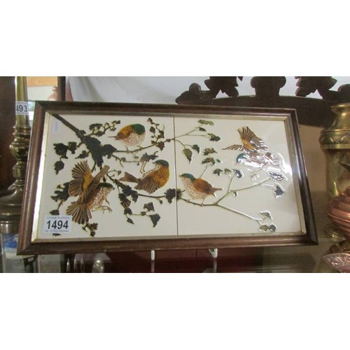 1494 - Two framed bird decorated tiles.