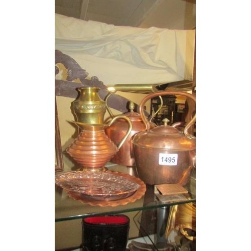 1495 - Two copper kettles and other brass and copper items.