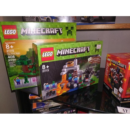 17 - 3 boxed sealed Lego Minecraft sets 21113, 21106 and 21115 and selection of Minecraft books etc