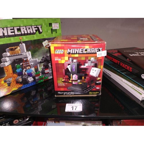 17 - 3 boxed sealed Lego Minecraft sets 21113, 21106 and 21115 and selection of Minecraft books etc