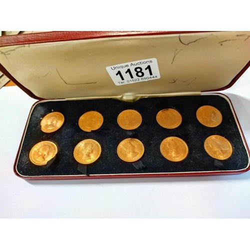 1181 - A cased set of ten gold sovereigns, 1964, 1965, 1957, 1958 x 2, 1959, 1962, 1966, 1967 and 1968.