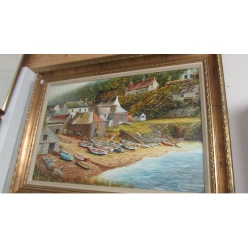 1573 - A gilt framed oil on canvas coastal scene signed Keith J Ward, COLLECT ONLY.