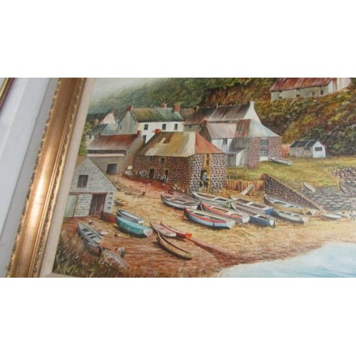 1573 - A gilt framed oil on canvas coastal scene signed Keith J Ward, COLLECT ONLY.