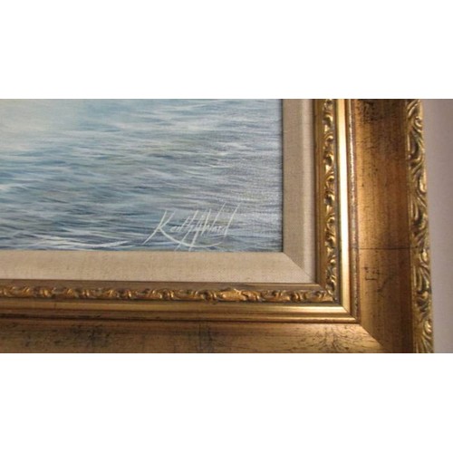 1573 - A gilt framed oil on canvas coastal scene signed Keith J Ward, COLLECT ONLY.