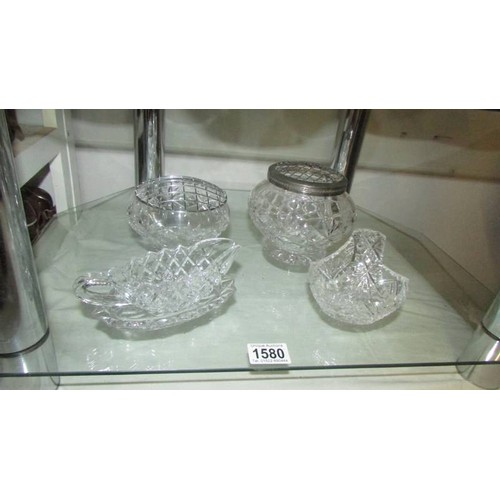 1580 - Two cut glass rose bowls and two other glass items.