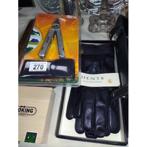 270 - Boxed Dents leather gloves size XL, cased bar set & pool themed ashtray etc.