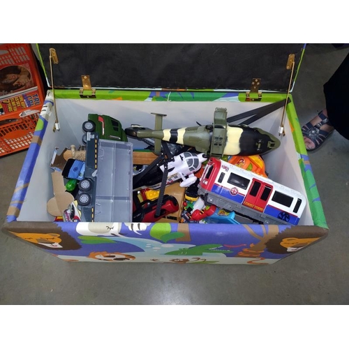 281 - A large animal themed toy box & contents of plastic toys