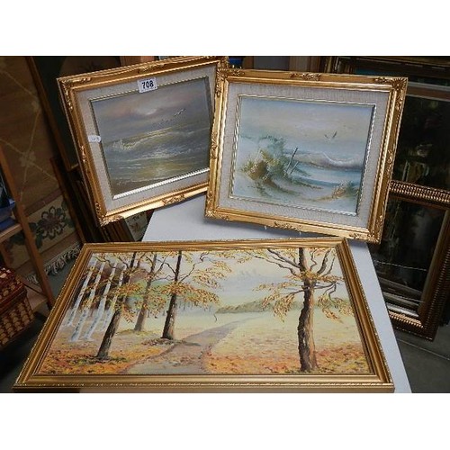 708 - Two framed seascapes and a rural scene, COLLECT ONLY.