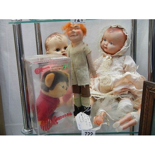 722 - A quantity of vintage dolls etc.,