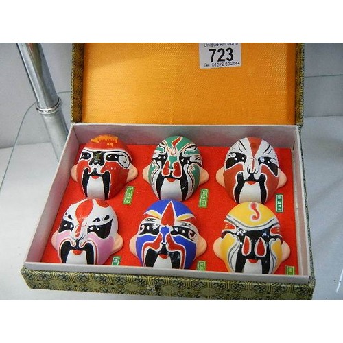 723 - A boxed set of six painted masks.