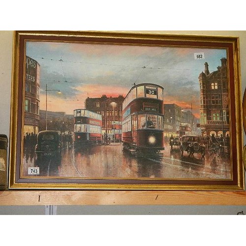 743 - A framed street scene with trams. COLLECT ONLY.