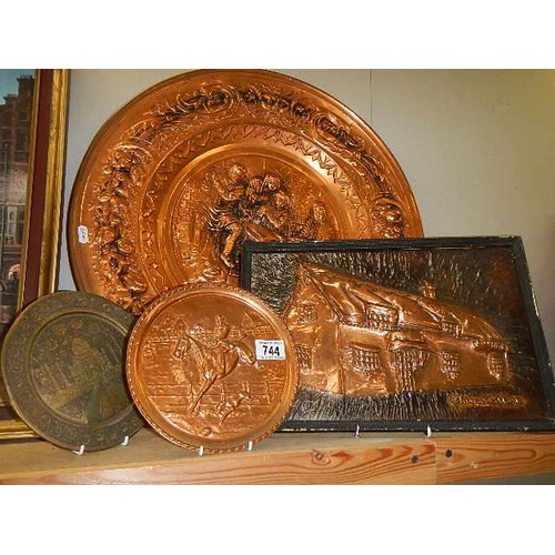 744 - A large copper plaque and three others, COLLECT ONLY.