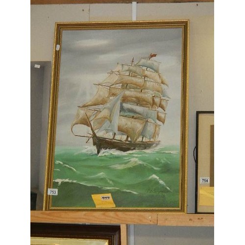 753 - An oil on board of a sailing ship signed P D Seymour, COLLECT ONLY.