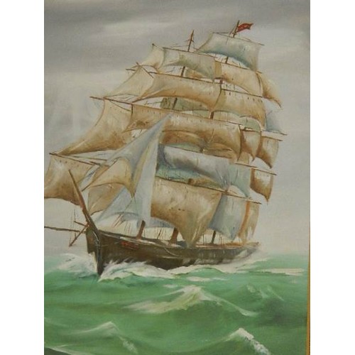 753 - An oil on board of a sailing ship signed P D Seymour, COLLECT ONLY.