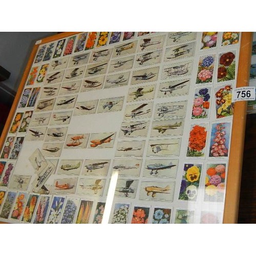 756 - Three framed and glazed cigarette/tea card displays and a classical locomotives coin card display. C... 