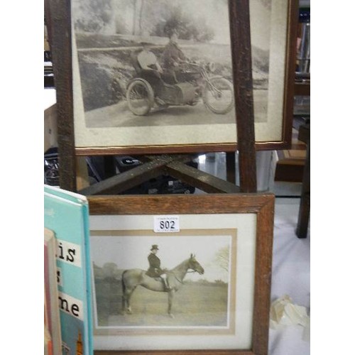 802 - Two framed and glazed prints of a motorcyclist and a hunter on horse. COLLECT ONLY.