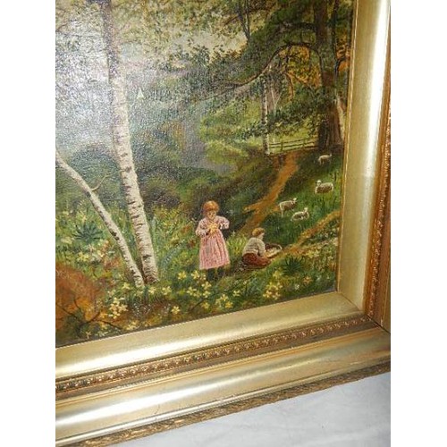 820 - A framed rural scene with child in oils. COLLECT ONLY.