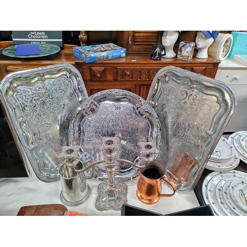 269 - 3 chrome plated trays, silver plated candelabra & copper & pewter tankards