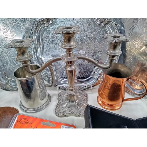 269 - 3 chrome plated trays, silver plated candelabra & copper & pewter tankards