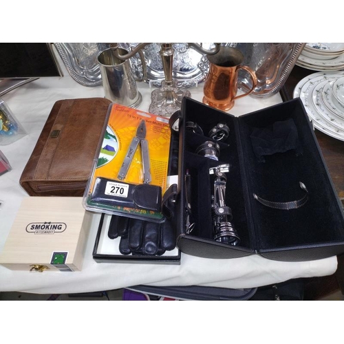 270 - Boxed Dents leather gloves size XL, cased bar set & pool themed ashtray etc.