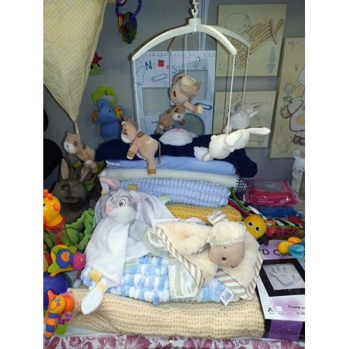 289 - A large quantity of baby related soft toys, bedding, photo's & pictures etc.