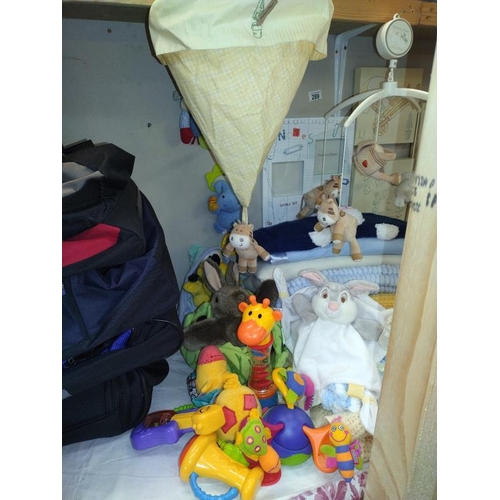 289 - A large quantity of baby related soft toys, bedding, photo's & pictures etc.