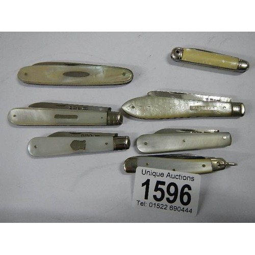 1596 - A collection of 5 silver and mother of pearl fruit/penknives and two others.