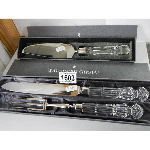 1603 - A boxed Waterford crystal carving set and cake slice,