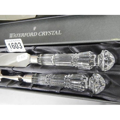 1603 - A boxed Waterford crystal carving set and cake slice,