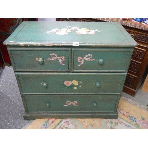 1621 - A green painted shabby chic chest of drawers with floral decoration, 88 x 48 x 78 cm, COLLECT ONLY.