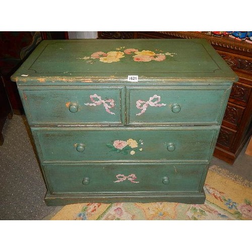 1621 - A green painted shabby chic chest of drawers with floral decoration, 88 x 48 x 78 cm, COLLECT ONLY.