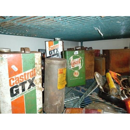 408 - 3 Shell motor spirit petrol cans, 2 vintage GTX Castrol oil cans & a jug/bottle etc. COLLECT ONLY