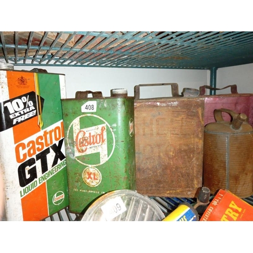 408 - 3 Shell motor spirit petrol cans, 2 vintage GTX Castrol oil cans & a jug/bottle etc. COLLECT ONLY