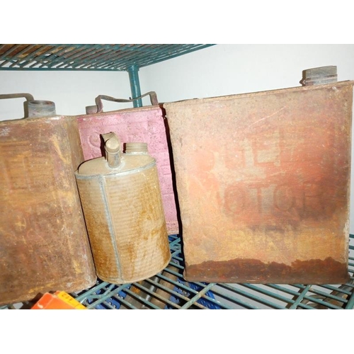 408 - 3 Shell motor spirit petrol cans, 2 vintage GTX Castrol oil cans & a jug/bottle etc. COLLECT ONLY