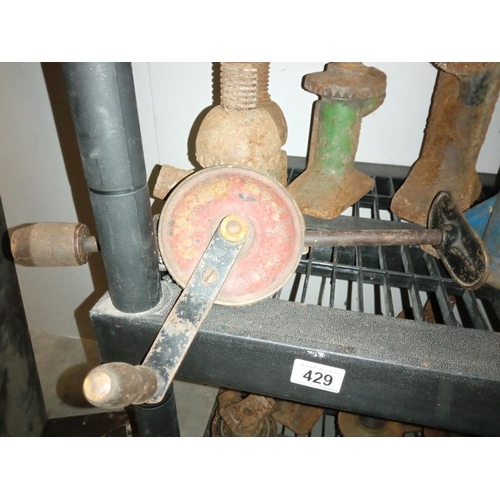 429 - 5 decorative mechanical jacks & a hand drill, COLLECT ONLY