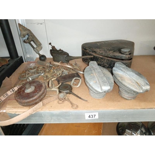 437 - A good mix of vintage tools, brass buckles & leather tape measure including 2 J fuel caps, COLLECT O... 